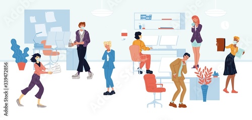 Workers, employees, managers in medical masks sitting at computer desks, carrying papers, cup, going, coughing, sneezing at office. People are afraid of getting infected. Vector flat illustration.