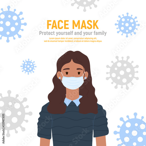 Girl with medical mask on face to protect her against coronavirus covid-19, 2019-nCov isolated on white background. Kids virus protection concept. Stay safe. Vector illustration