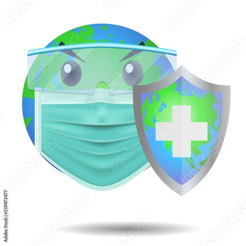 world or earth in protective mask and glasses holding shield, Coronavirus, 2019-nCoV, covid-19, Lassa fever, fight against Corona virus, Concept of fight against virus.