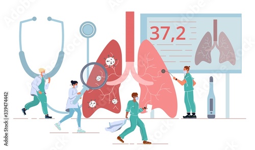 Lung health care disease diagnosis illness treatment. Doctor medical team in mask. Examination, temperature measurement. Flu respiratory virus human body attack. Fever symptom. Covid19 outbreak