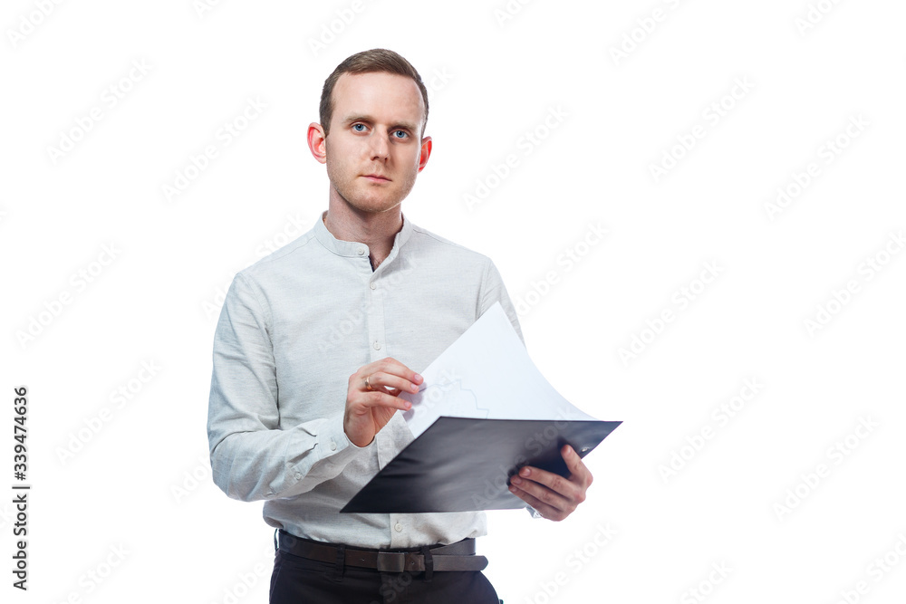man businessman, a teacher, a mentor, study and sign documents a new Business Projects. Isolated on white background man businessman, a teacher, a mentor, study and sign documents a new Business Projects. Isolated on white background