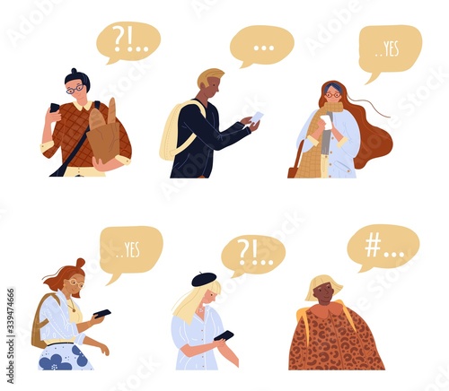 Man woman people character speech bubble for making dialog. Digital network communication, chatting application. Customer write review online. Searching for hashtag, feedback, evaluation isolated set