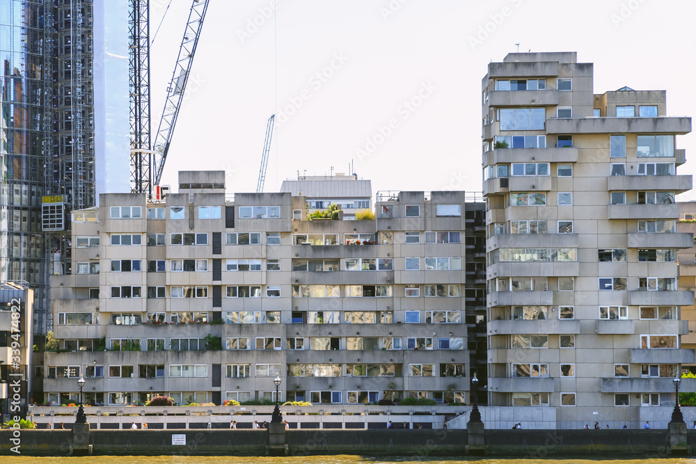 Block of riverfront flats River Court in geometric brutalist style in London Block of riverfront flats River Court in geometric brutalist style in London