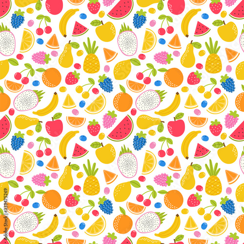 Fototapeta Naklejka Na Ścianę i Meble -  Seamless pattern with hand drawn cartoon fruit. Summer tropical healthy food. Cute background