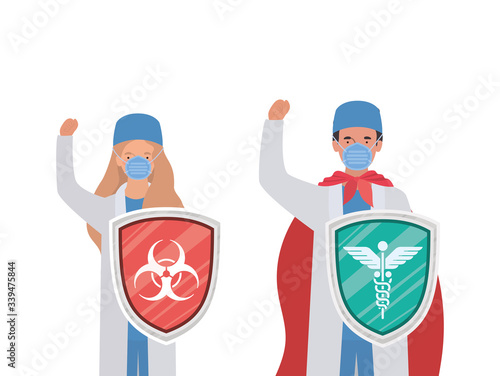 woman and man doctors heroes with cape and shields against 2019 ncov virus vector design