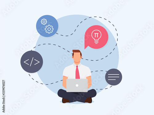 Programmer freelancer at work. Businessman working with laptop sitting on the floor. Concept illustration for working, freelancing, studying, education, work from home. 