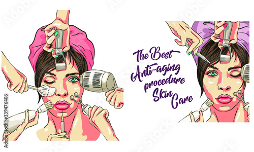 Vector illustration of woman for Cosmetology Clinic. Facial mask and cream or lotion, anti-aging injections and microcurrents, massage and depilation. Syringe and propolis cosmetics, humidification
