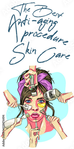 Vector illustration of woman for Cosmetology Clinic. Facial mask and cream or lotion, anti-aging injections and microcurrents, massage and depilation. Syringe and propolis cosmetics, humidification