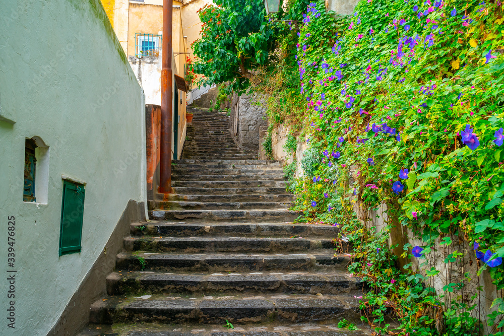 Narrow stairs and streets in the tourist village of Positano, Amalfi coas