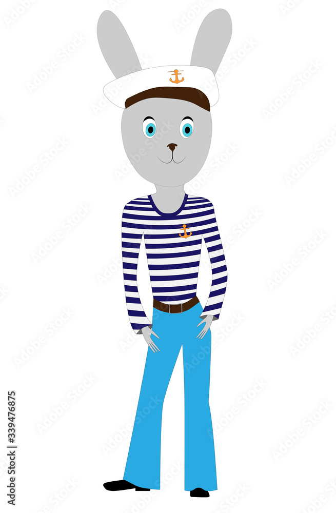 Sailor hare. A hare sailor is standing in a vest, flared trousers, boots and visor. Funny cartoon character. Sailor hare. A hare sailor is standing in a vest, flared trousers, boots and visor. Funny cartoon character.
