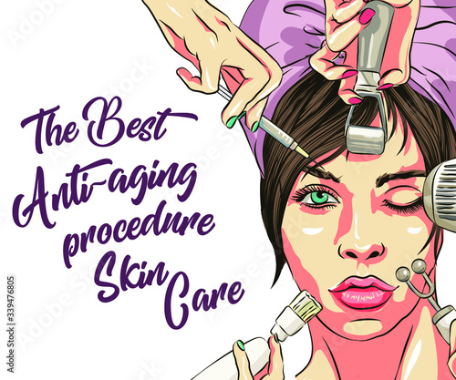 Face Care and Treatment Flat Vector Illustration Set. Mesotherapy, Injections, Mask, Massage Lines. The best basic Skin Care Routine tips for All types of Skin 