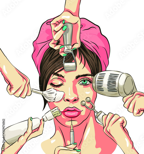 Face Care and Treatment Flat Vector Illustration Set. Mesotherapy, Injections, Mask, Massage Lines. The best basic Skin Care Routine tips for All types of Skin 