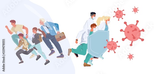 Contagious disease prevention, medicine, healthcare. People children running chased by virus. Doctor team in protective mask uniform shield defense human health. Medical safety. Season epidemic help