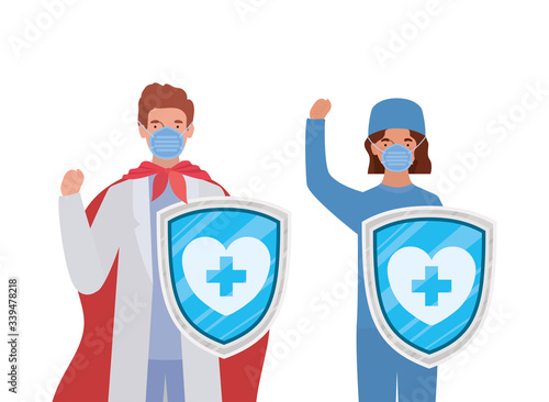 woman and man doctors heroes with cape and shields against 2019 ncov virus vector design