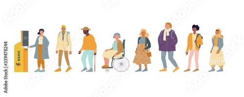 Men, women of different ages, nationalities standing in line at cash dispenser, wanting to take money. Multiracial people waiting in queue next to minibank, ATM. Vector illustration isolated on white.