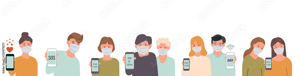 Group of people wearing medicine masks and sending messages Group of people wearing medicine masks and sending messages