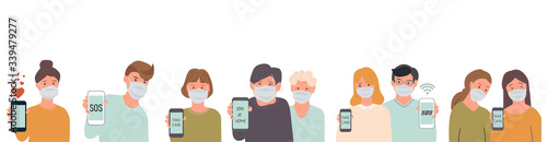 Group of people wearing medicine masks and sending messages