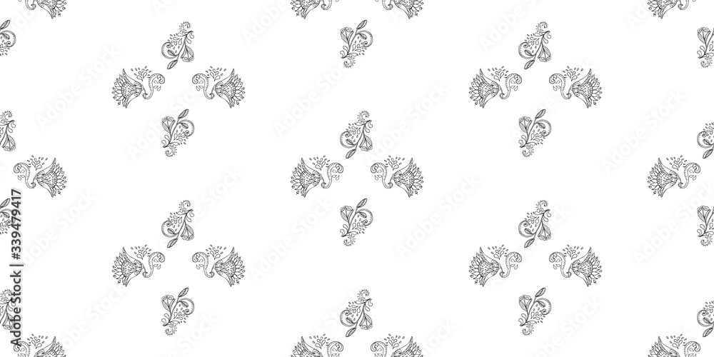 Stylish white vintage floral kalamkari ornament pattern on black background. Vector surface design for fabric, apparel textile, book, interior, wallpaper, phone case. Monochrome