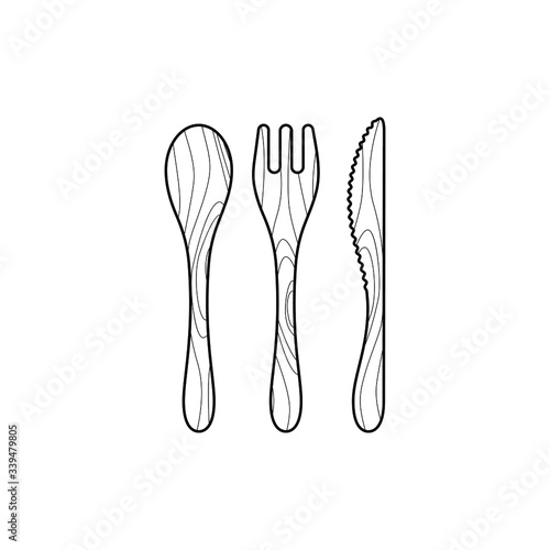 Eco friendly bamboo biodegradable cutlery set. Wooden cutlery: fork, spoon and knife isolated on white background linear icon. Made of natural eco recyclable reusable material. Zero waste concept. 