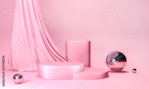 Round podium on pink pastel background. Elegant red silk fabric flow, falls to surface. 3d render illustration. Empty pedestal, stand for mockup products. Copy space on delicate luxurious satin © amecold