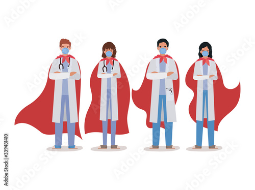 women and men doctors heroes with capes against 2019 ncov virus vector design