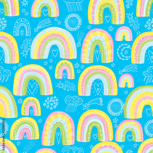 Linear seamless pattern coloring with magic rainbows, stars and clouds. Can be used in textile industry, paper, background, scrapbooking.