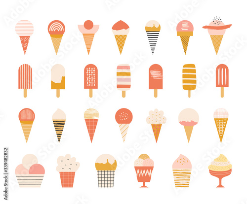 Set of ice cream icons for summer design. Vector isolated illustration. Vintage style.