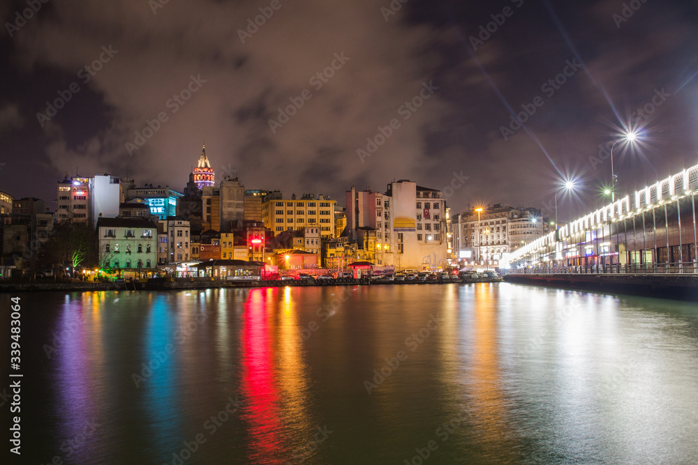 Night view of Galata Tower in Istanbul. Turkey