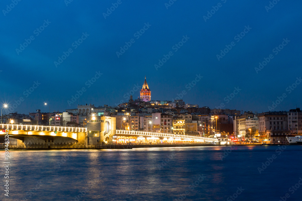 Night view of Galata Tower in Istanbul. Turkey