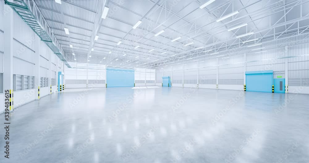 Industrial building i.e. hangar, factory, warehouse. Protection with roller door or shutter. Modern interior design with concrete floor, metal wall and empty space for industry background. 3d render.
