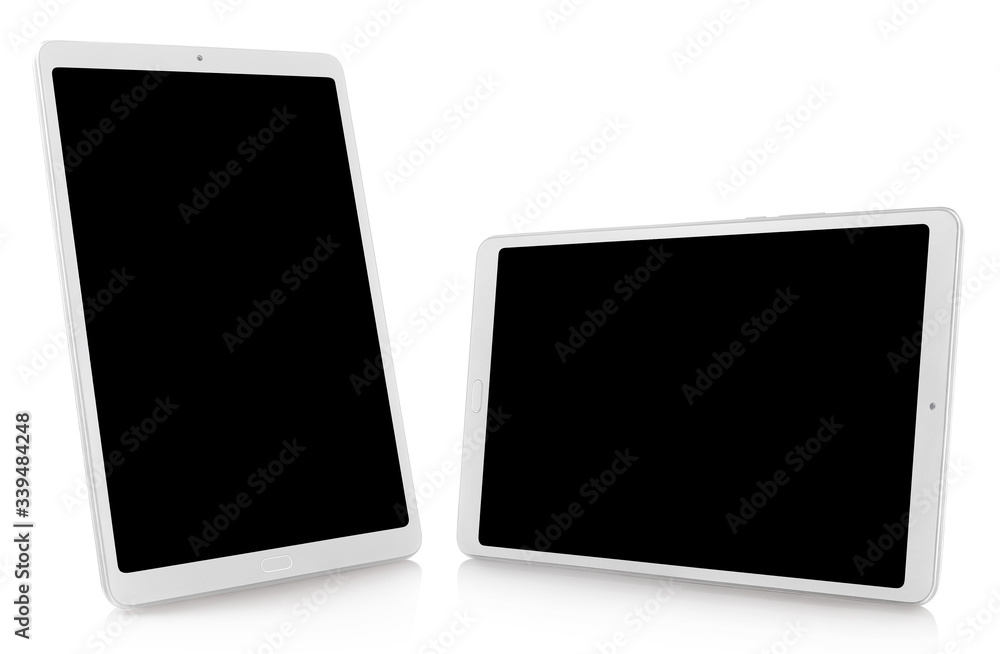 Set of white tablet computers, isolated on white background, perspective views Set of white tablet computers, isolated on white background, perspective views