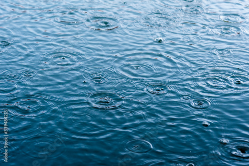 rain drops on the surface of water in a puddle with graduated shade of black shadow and reflection of blue sky