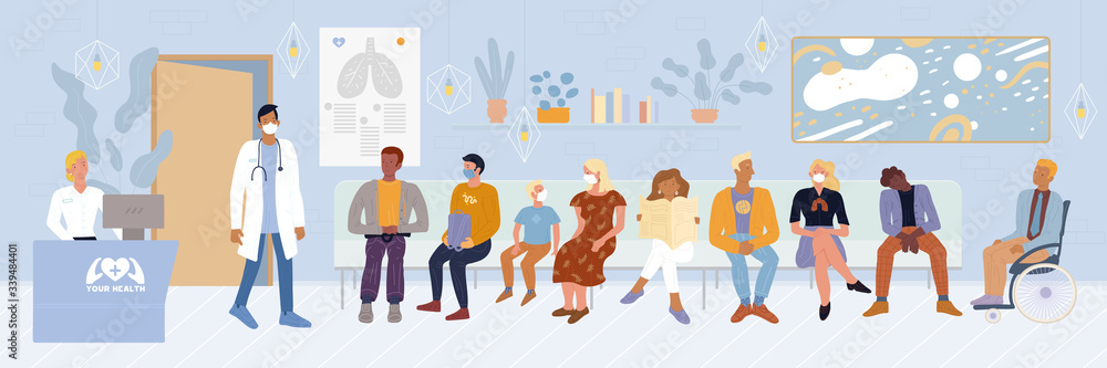 Patients, disabled person sitting in waiting room, expecting doctor appointment time at emergency hospital, private clinic. Men, woman, child in masks wanting to undergo tests vector illustration. Patients, disabled person sitting in waiting room, expecting doctor appointment time at emergency hospital, private clinic. Men, woman, child in masks wanting to undergo tests vector illustration.