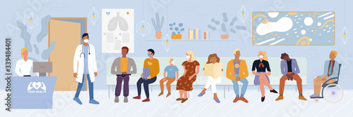 Patients, disabled person sitting in waiting room, expecting doctor appointment time at emergency hospital, private clinic. Men, woman, child in masks wanting to undergo tests vector illustration.