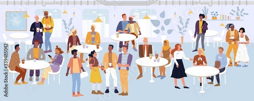 Young men, women, students, romantic couples, business people spending time in cafe, dining area, food court. Visitors chatting, eating, negotiating, carrying food trays vector flat illustration.