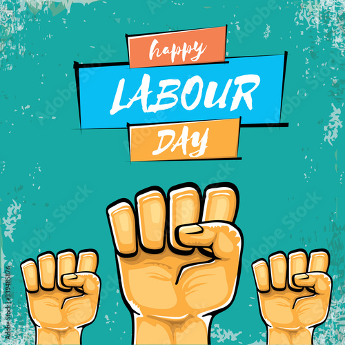 Happy labour day vector label with strong orange fist isolated on grunge turquoise background. vector happy labor day background with man hand. red workers may day poster