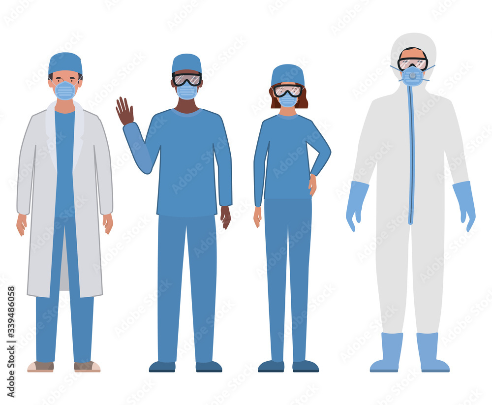 Doctors with protective suits glasses and masks against Covid 19 vector design Doctors with protective suits glasses and masks against Covid 19 vector design