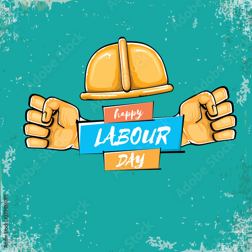 Happy labour day vector label with strong orange fist isolated on grunge turquoise background. vector happy labor day background with man hand. red workers may day poster