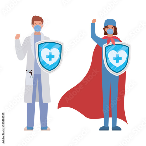 woman and man doctors heroes with cape and shields against 2019 ncov virus vector design