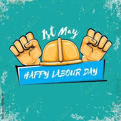 Happy labour day vector label with strong orange fist isolated on grunge turquoise background. vector happy labor day background with man hand. red workers may day poster