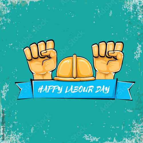 Happy labour day vector label with strong orange fist isolated on grunge turquoise background. vector happy labor day background with man hand. red workers may day poster