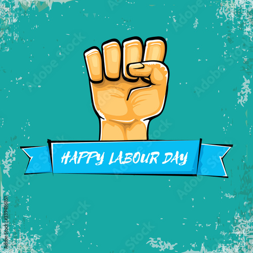 Happy labour day vector label with strong orange fist isolated on grunge turquoise background. vector happy labor day background with man hand. red workers may day poster