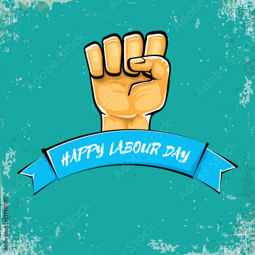 Happy labour day vector label with strong orange fist isolated on grunge turquoise background. vector happy labor day background with man hand. red workers may day poster