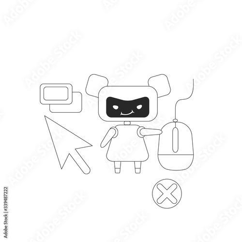 Click bot thin line concept vector illustration. Internet marketing fraud, visitors farming. Bad robot 2D cartoon character for web design. Webpages ads and links automated clicking creative idea