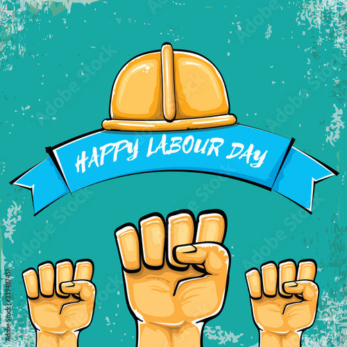 Happy labour day vector label with strong orange fist isolated on grunge turquoise background. vector happy labor day background with man hand. red workers may day poster