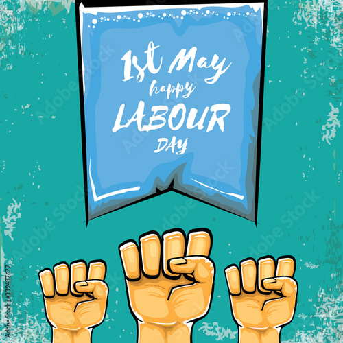 Happy labour day vector label with strong orange fist isolated on grunge turquoise background. vector happy labor day background with man hand. red workers may day poster