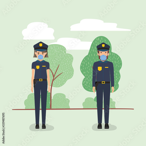 Policewoman and policeman with masks against 2019 ncov virus vector design