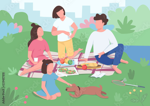 Family picnic flat color vector illustration. Parents with children have dinner in park. Mom and dad sit on blanket. Kid play with dog. Relatives 2D cartoon characters with interior on background