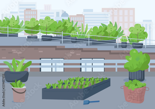 Rooftop gardening flat color vector illustration. Outdoor urban place for cultivating potted plants. Grow greenery outside. Highrise building roof 2D cartoon exterior with cityscape on background