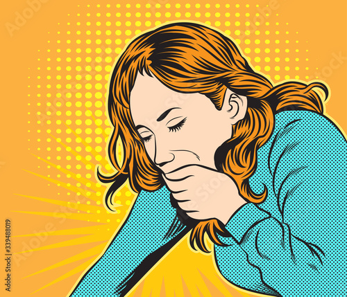Women with coughing and vomiting. Pop art retro hand drawn style vector design illustrations.

